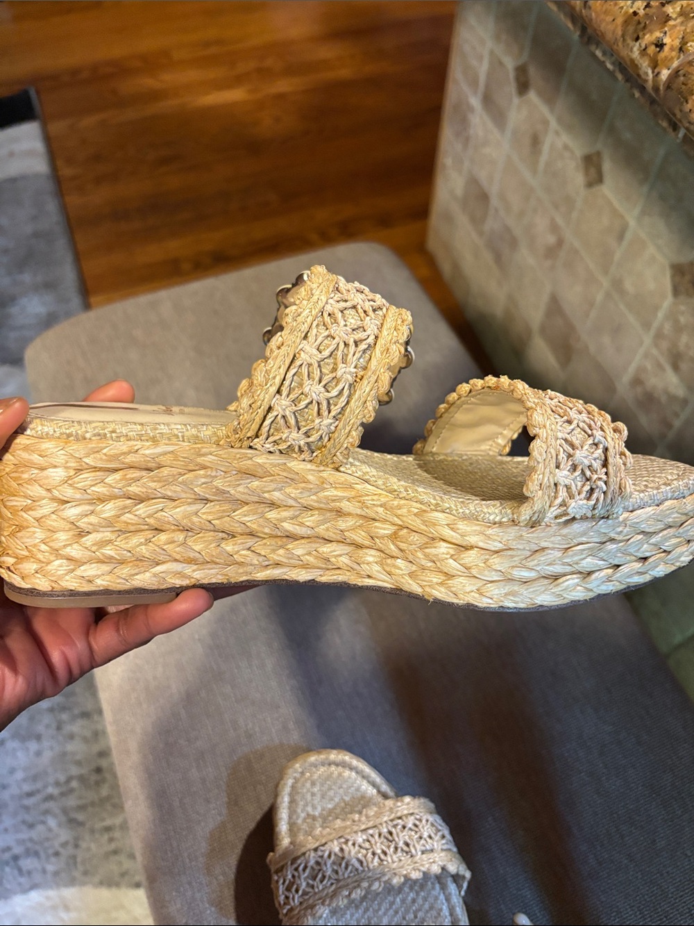 Sam Edelman Tan Braided Wedge Slide Sandals with Beaded Accent - Picture 4 of 4